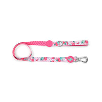 Dashi Flamingo dog lead in pink with flamingos and palm leaves, bolt tag and silver trigger clip
