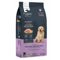 Front of the 20kg Hypro Premium Wholesome Grains Chicken & Brown Rice puppy food bag, with a golden retriever puppy