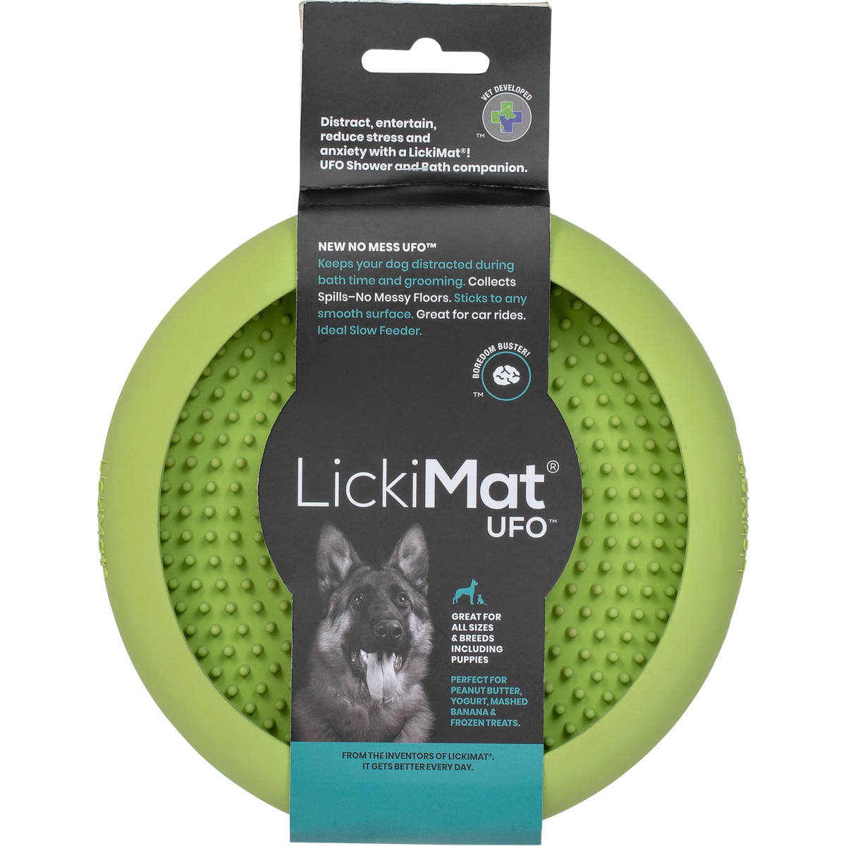 Green LickiMat UFO suction lick bowl in its card with a dog photo