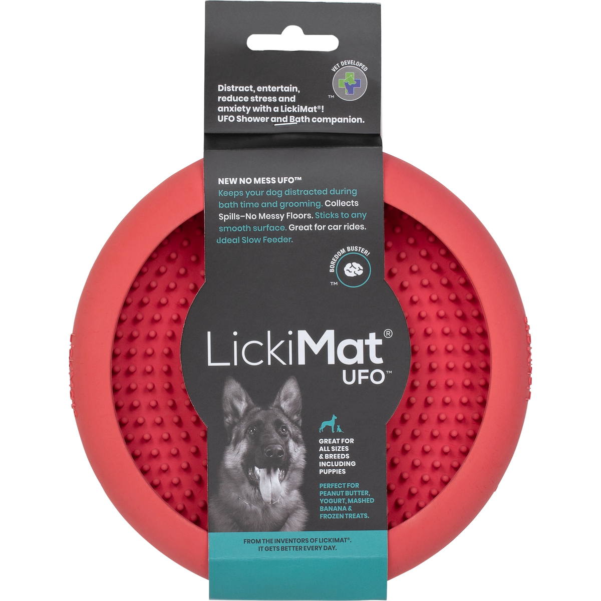 Pink LickiMat UFO suction lick bowl in its card with a dog photo
