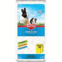 Front of the 24.6L Kaytee Clean and Cozy White paper bedding bale, with a rabbit photo