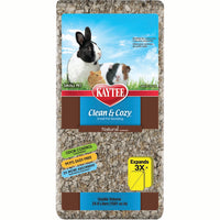 Front of the 24.6L Kaytee Clean and Cozy Natural paper bedding bale, with a guinea pig photo