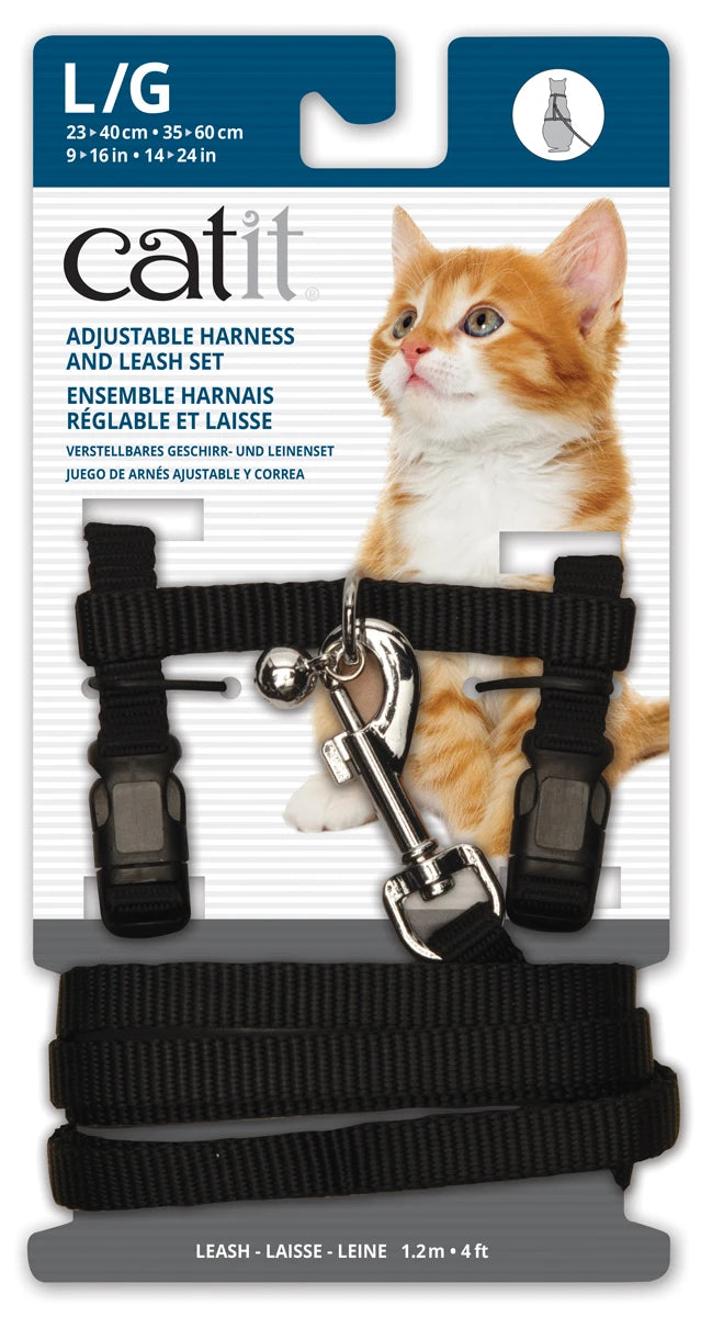 Catit nylon adjustable cat harness and lead set, large in black