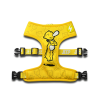 Dashi x Popeye Jeep Neo Mesh dog harness in yellow, the Jeep character on the chest panel, laid flat