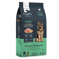 Front of the 20kg Hypro Premium Wholesome Grains Chicken & Brown Rice adult dog food bag, with a German shepherd
