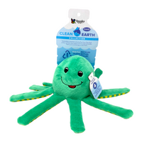 Spunky Pup Clean Earth recycled plush green octopus dog toy, small, on its Clean Earth header card