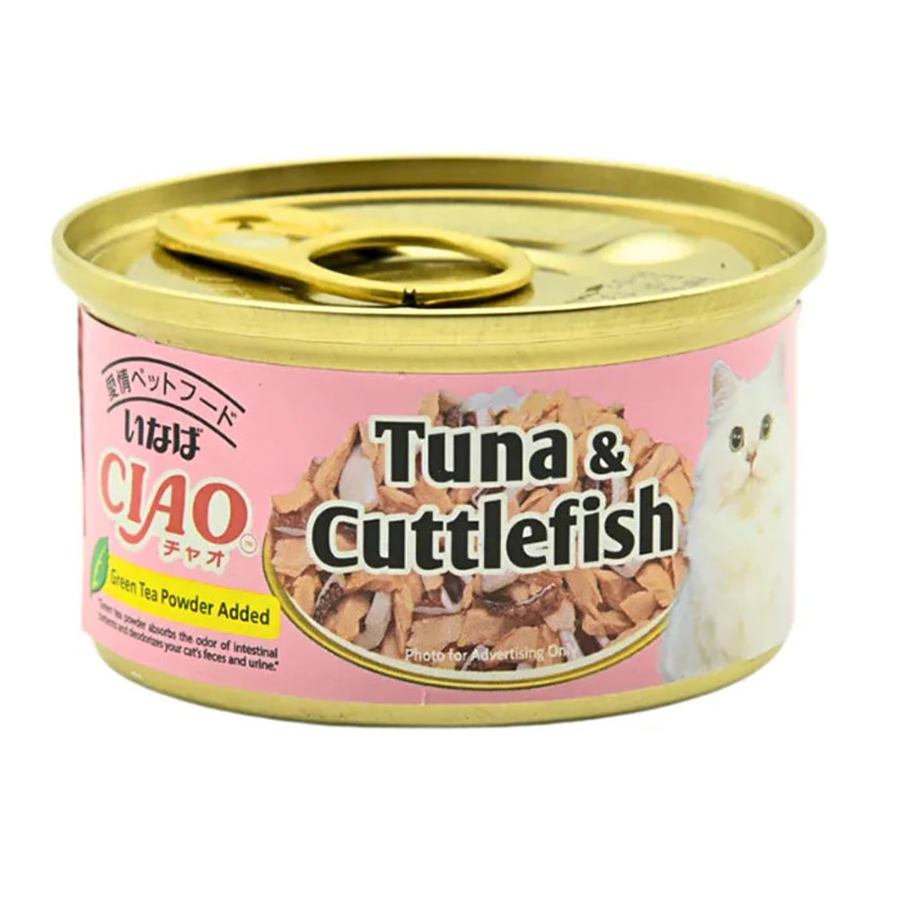 Ciao Tuna White Meat & Squid (Tuna & Cuttlefish) cat treat can – front of can