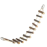 Nature Island sisal rope and log bridge, wooden dowel rungs strung on rope, curved into an arc