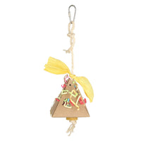 Nature Island pyramid favour box bird toy in card with yellow raffia, hung on sisal rope
