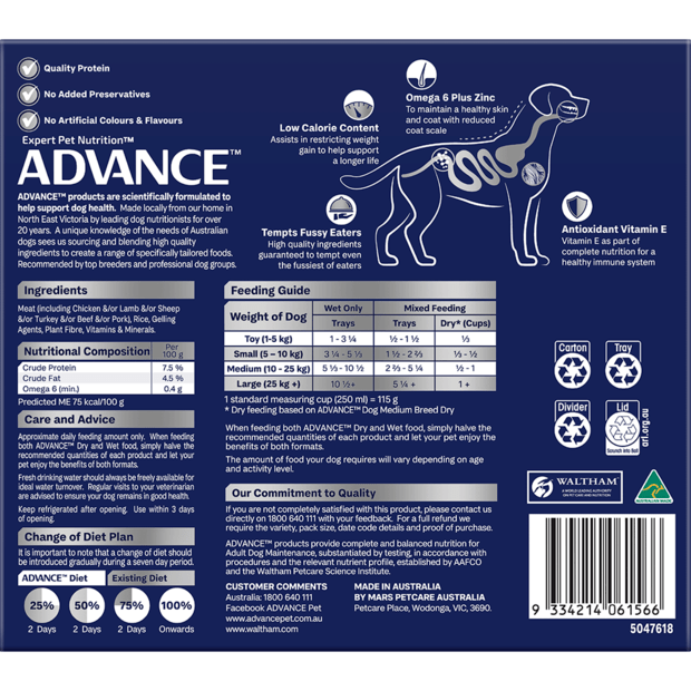 ADVANCE Adult Single Serve Wet Dog Food Trays Healthy Weight with Turkey & Rice