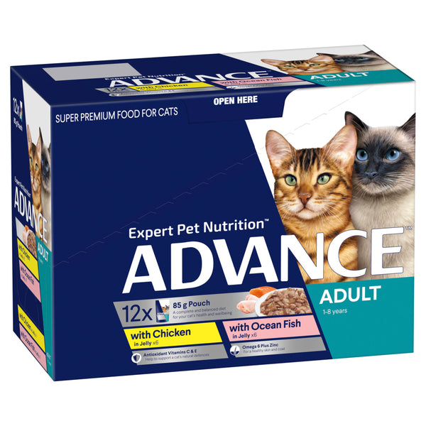 ADVANCE Adult Wet Cat Food Chicken, Ocean Fish In Jelly 12x85g Pouches 01