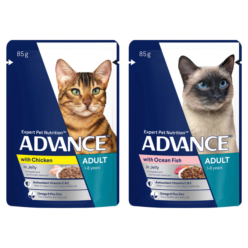 ADVANCE Adult Wet Cat Food Chicken, Ocean Fish In Jelly 12x85g Pouches 08