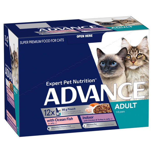 ADVANCE Adult Wet Cat Food Ocean Fish/ Indoor Chicken & Turkey In Jelly 12x85g Pouches 01