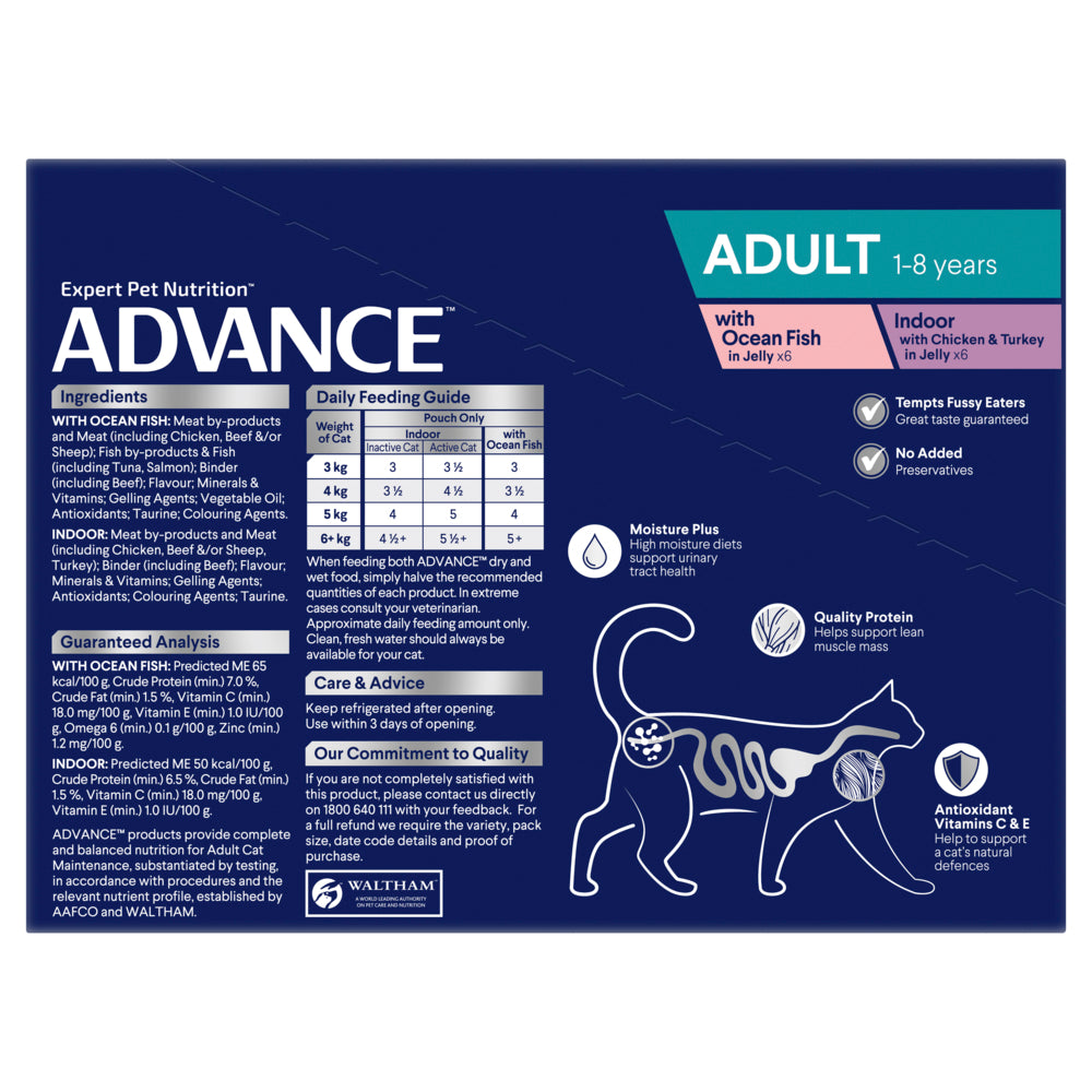 ADVANCE Adult Wet Cat Food Ocean Fish/ Indoor Chicken & Turkey In Jelly 12x85g Pouches 02