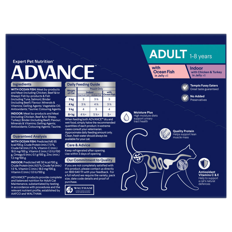 ADVANCE Adult Wet Cat Food Ocean Fish/ Indoor Chicken & Turkey In Jelly 12x85g Pouches 02