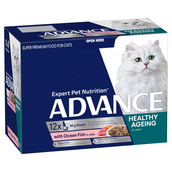 ADVANCE Healthy Ageing Wet Cat Food Ocean Fish In Jelly 12x85g Pouches 01