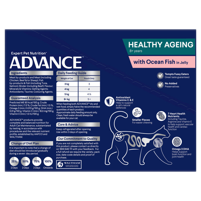 ADVANCE Healthy Ageing Wet Cat Food Ocean Fish In Jelly 12x85g Pouches 02