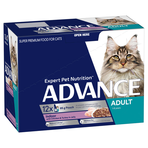 ADVANCE Indoor Adult Wet Cat Food Chicken & Turkey In Jelly 12x85g Pouches 01