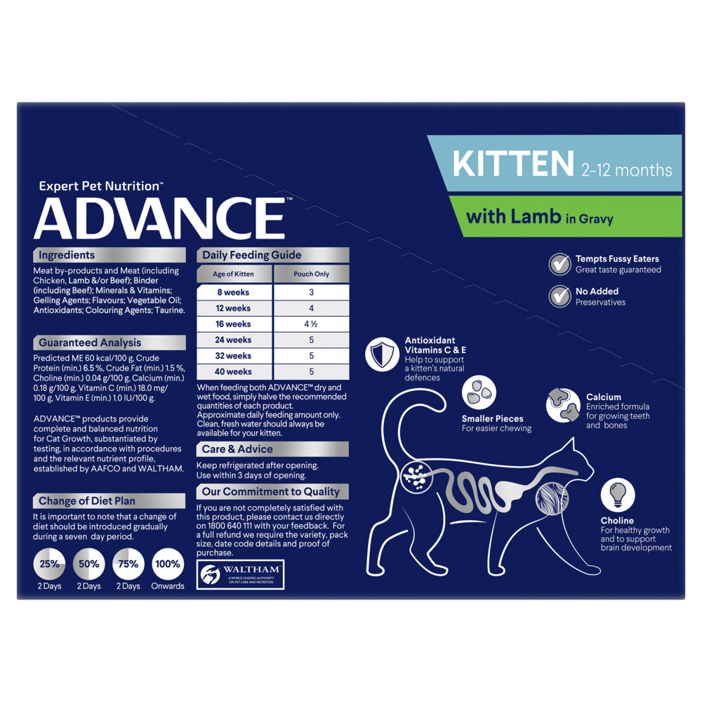 ADVANCE Kitten Wet Cat Food Lamb In Gravy 12x85g Pouches 02