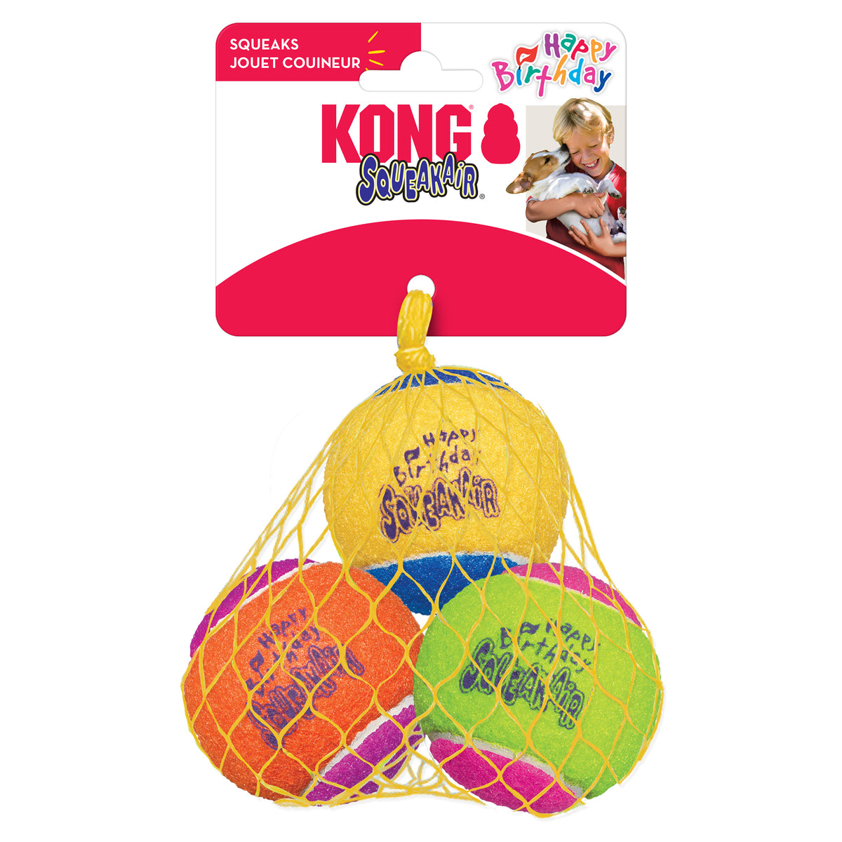 KONG SqueakAir Birthday Ball retail pack, three printed balls in a mesh net on the header card