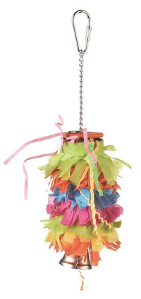 Nature Island pinata bird toy: layered shredded paper in bright colours hanging from a chain with a bell