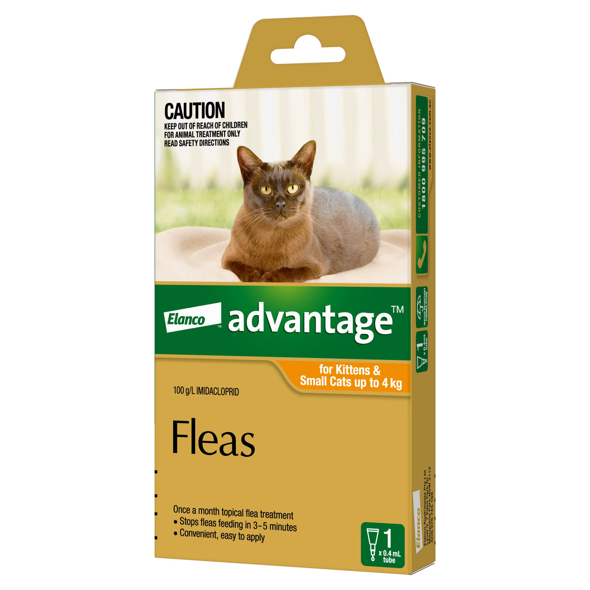 Advantage flea treatment for cats up to 4kg, orange band, single pipette pack – front