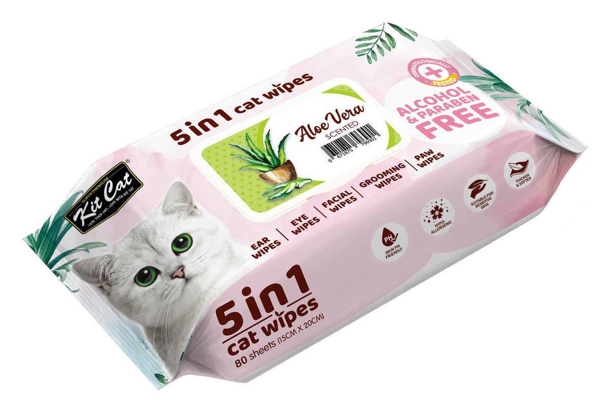Kit Cat 5-in-1 anti bacterial cat wipes Aloe Vera 80 sheets – front of pack