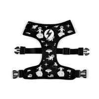 Dashi Astronaut Neo Mesh dog harness, printed side with white space doodles on black, laid flat