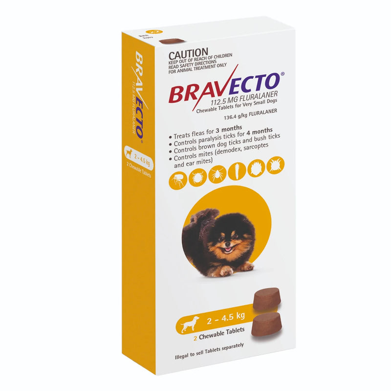 Bravecto Dog Chew Yellow 2-4.5kg 1 Tablet | PeekAPaw Pet Supplies
