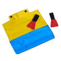 Buster Rock'n Roll snuffle task, folded yellow and blue fabric pouch with red flag pockets