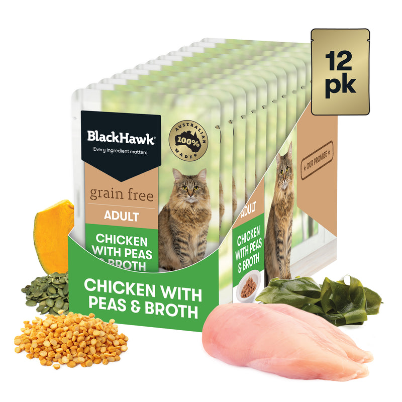 Black Hawk Wet Cat Food Grain Free Adult Chicken with Peas & Broth 85g x 12
