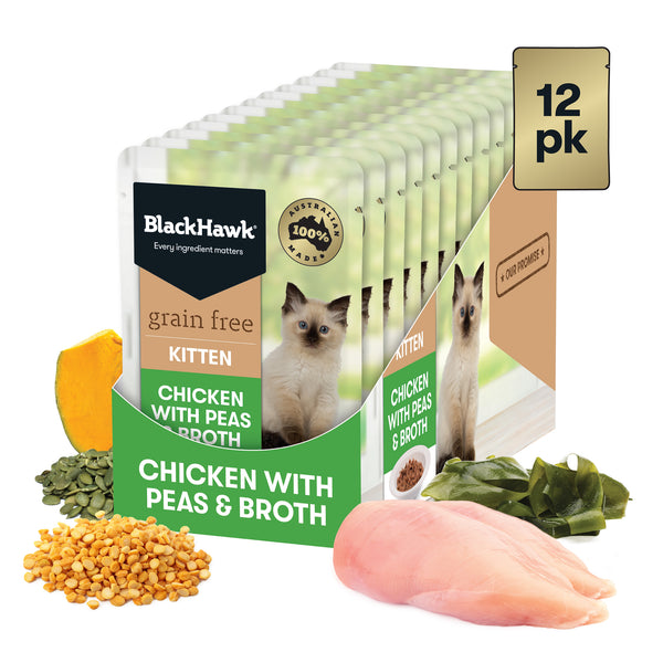 Black Hawk Wet Cat Food Kitten Grain Free Chicken with Peas & Broth 85g x 12