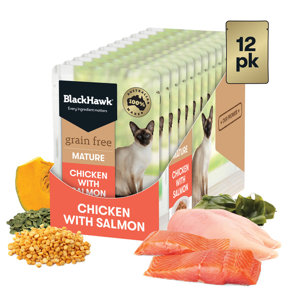 Black Hawk Wet Cat Food Senior/Mature Grain Free Chicken with Salmon 85g x 12