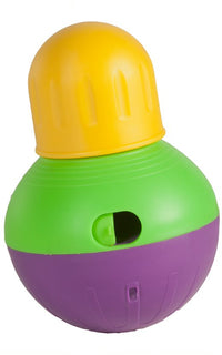 Starmark Bob-A-Lot treat-dispensing dog toy in size Small, a green, purple and yellow wobbler