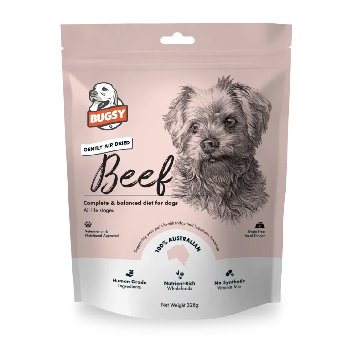 Bugsy Premium Air-Dried Raw Dog Food Beef 328g