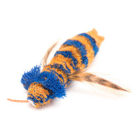 Fur lure attachment with a blue and orange striped body and matching feather tail