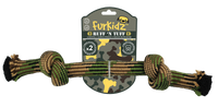 FurKidz Ruff'n Tuff two-knot rope dog toy in camouflage weave, on its retail hang card