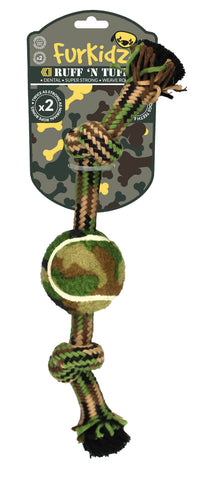 FurKidz Ruff'n Tuff camo rope toy with a camouflage tennis ball, on its retail hang card