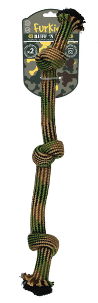 FurKidz Ruff'n Tuff three-knot camo rope dog tug on its retail hang card