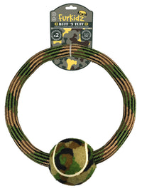 FurKidz Ruff'n Tuff camo rope ring with a camouflage tennis ball set into the bottom