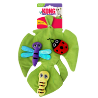 KONG Cat Toys Pull-A-Partz Bugz leaf mat in its retail pack with the bugs attached
