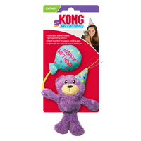 KONG Cat Toys Occasions Birthday Teddy on its retail card with balloon and party hat