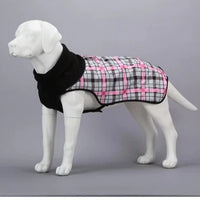 Scruffs Calamity Jane dog coat in pink check, shown on a mannequin dog
