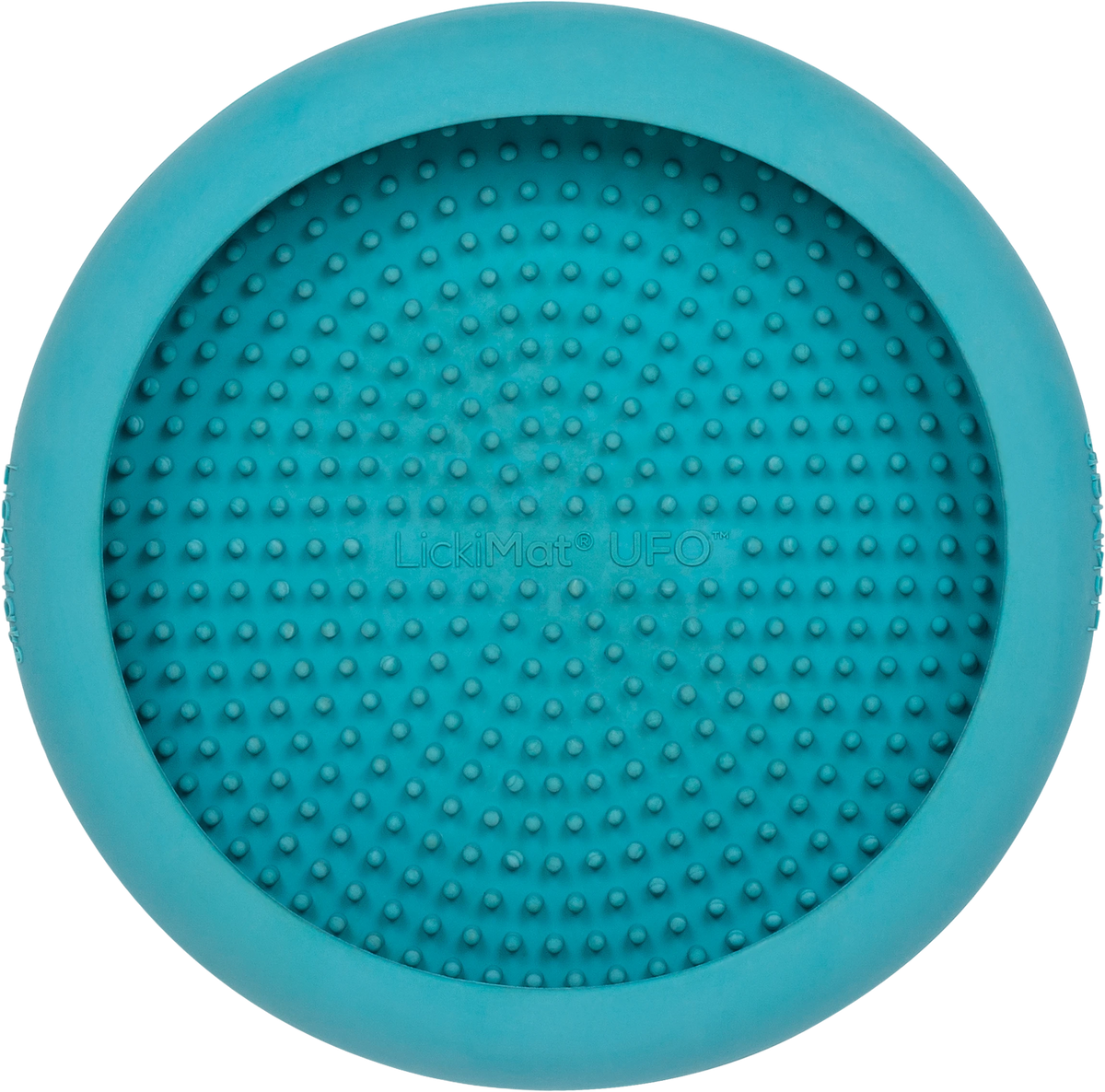 Turquoise LickiMat UFO seen from above, nubbed licking face inside a raised rim