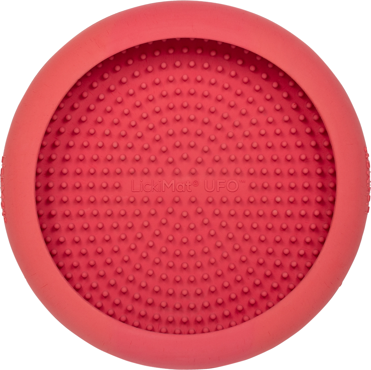 Red LickiMat UFO seen from above, nubbed licking face inside a raised rim