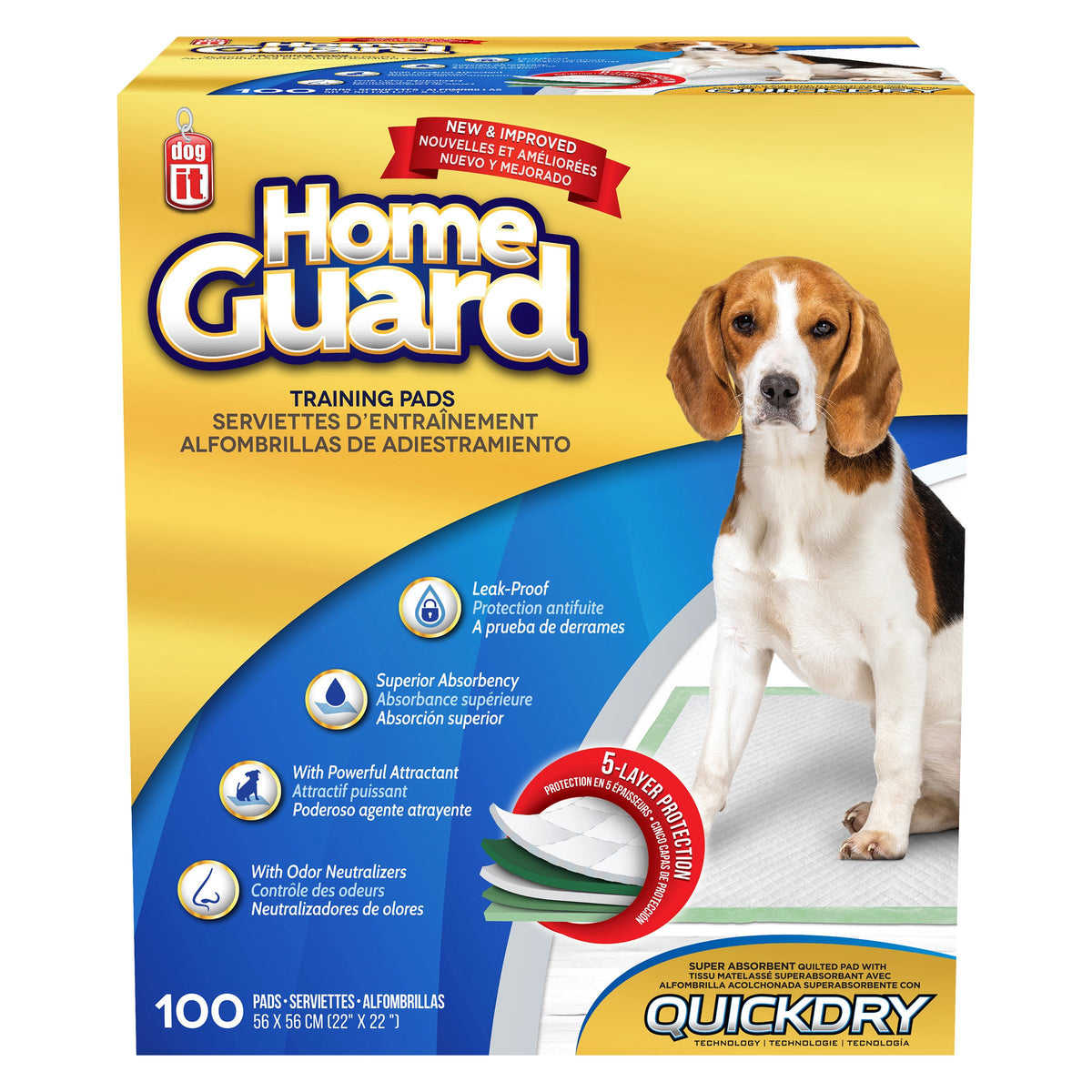 Box front, Dogit Home Guard training pads 100-pack, beagle puppy graphic