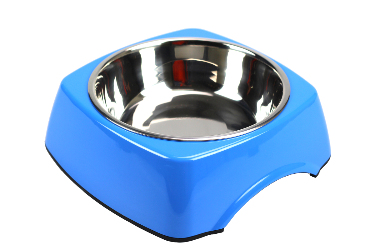 Stainless steel bowl in a blue square-based melamine bowl