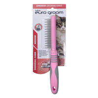 Euro Groom cat shedding comb on its Euro Groom card marked Medium, with a tabby cat photo