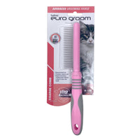 Euro Groom cat coarse comb, pink and grey, on its Euro Groom card with a tabby cat photo