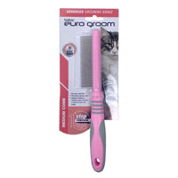 Euro Groom cat medium comb, pink and white, on its Euro Groom card with a tabby cat photo